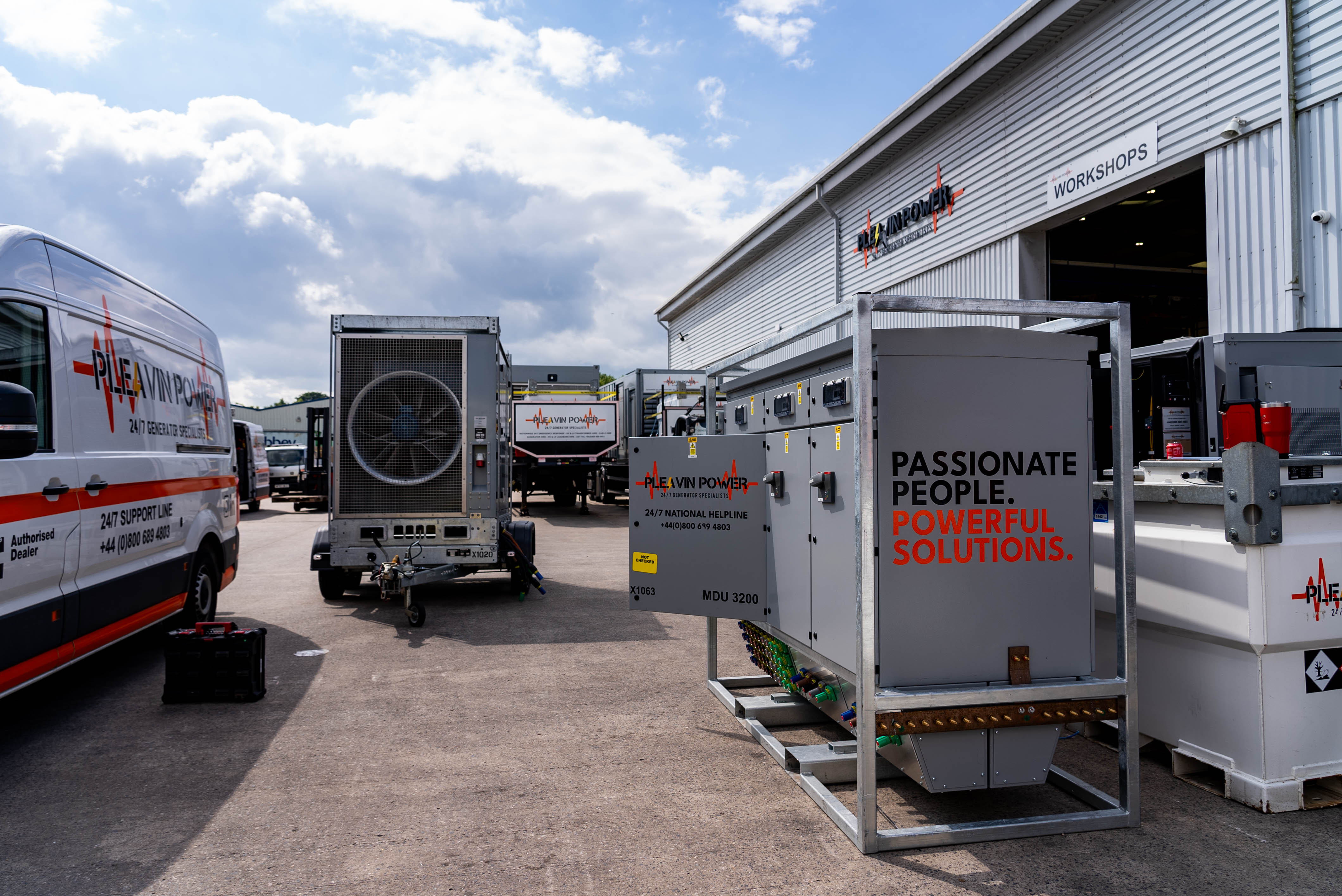 Pleavin Power yard with generators, vans and tanks