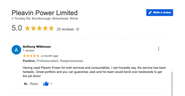 A screenshot of a five-star Google review for Pleavin Power
