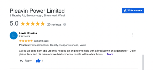 A screenshot of a positive Google review provided by Lewis regarding Pleavin Power and their generator repair breakdown service.