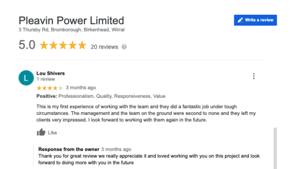 A screenshot of a positive four star review from Google regarding Pleavin Power and their generator servicing services.
