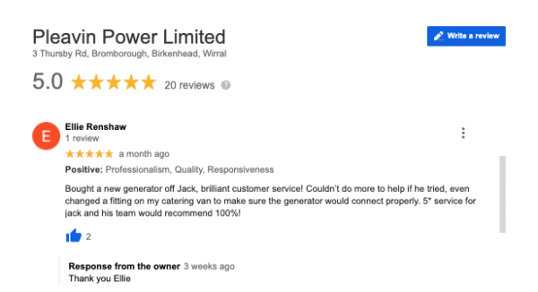 A 5 star review provided by Ellie regarding a generator servicing service by Pleavin Power