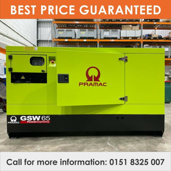 A lime green and black Pramac GSW 65 power generator in a warehouse