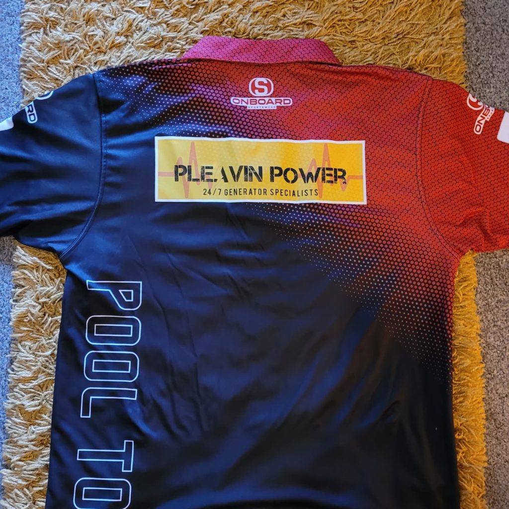 A pool tournament t-shirt with the Pleavin Power logo on the T-shirt